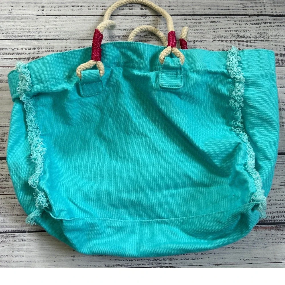 American Girl Tote Bag Kids Teal Hibiscus Flower Frayed Canvas Rope Handles